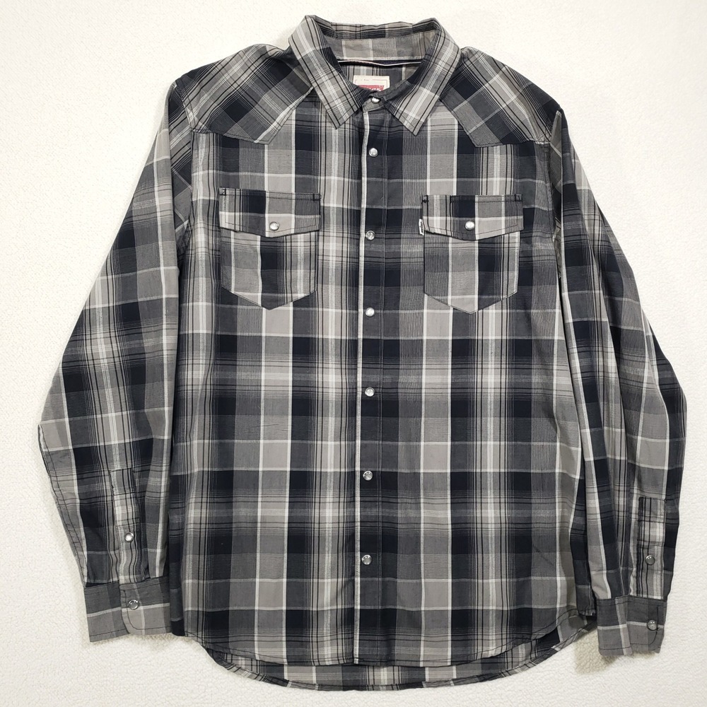 Levi's Pearl Snap Western Shirt Men Large Gray Black Plaid Long Sleeve 3LYLW0042